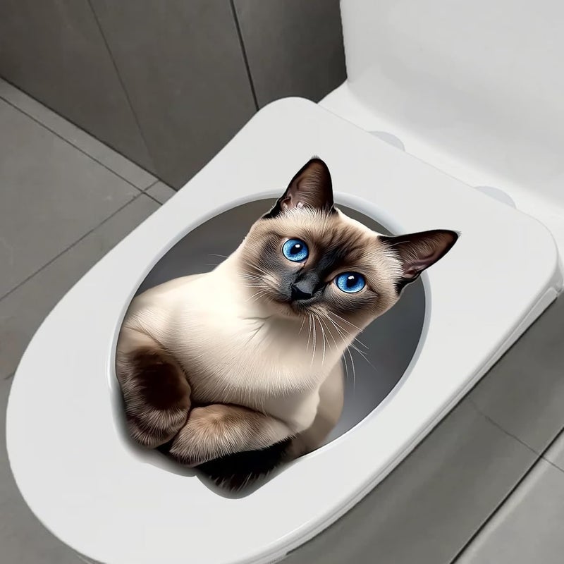 Iprokiu Cute Animal Toilet Sticker Waterproof 3D Funny Dog Cracking Toilet Seat Lid Decal Bathroom Wall Sticker Squirrel Toilet Lid Decal Home Decoration (Siamese Cat) - Image 5